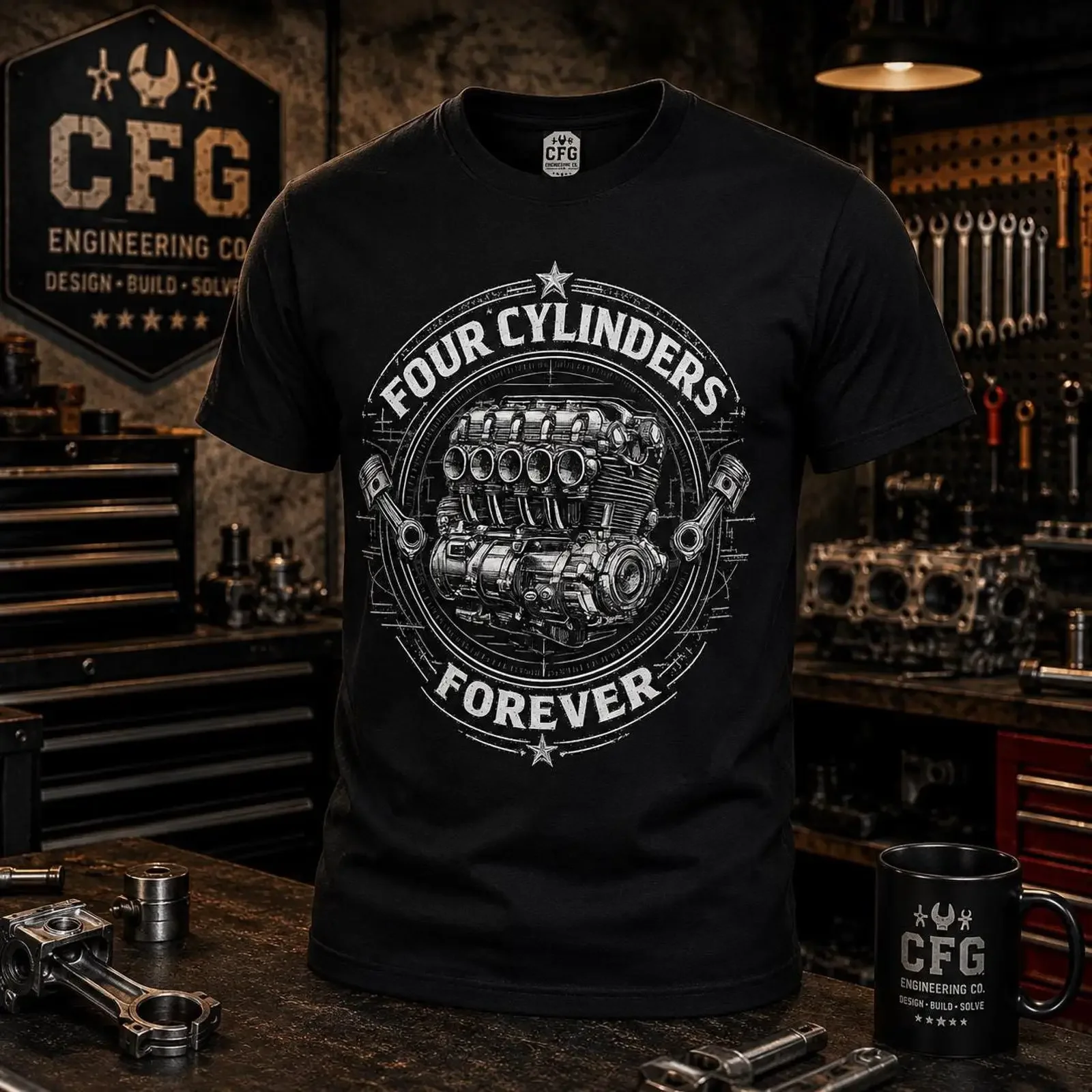 Four Cylinders Forever T Shirt Engine Illustration Mechanic vintage Washed Soft Top For Everyday Wear Slightly Unisex