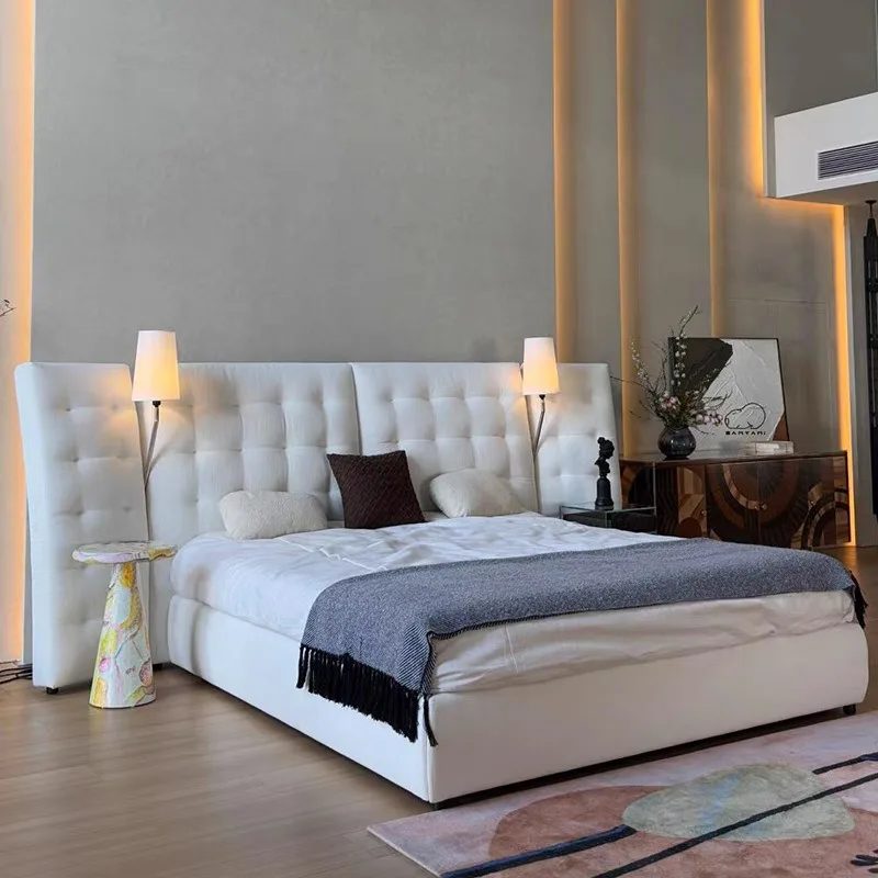 Flou Angle Angel Bed Cotton Linen Chenier Fabric Bed Designer High Back Bedroom Widescreen Bed with Light