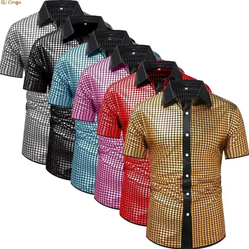 Summer Red Men Plaid Short Sleeve Sleeve Shirts, Single Breasted Lapel Shirt, Gold Black Blue Silver Available, European Size.