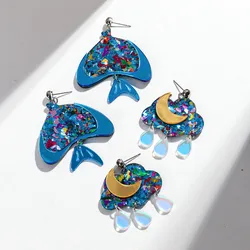 New Blue Sequin Mirror Ocean Fish Acrylic Earrings for Women Cute Cloud Moon Raindrop Earring Creative Jewelry Christmas Gift