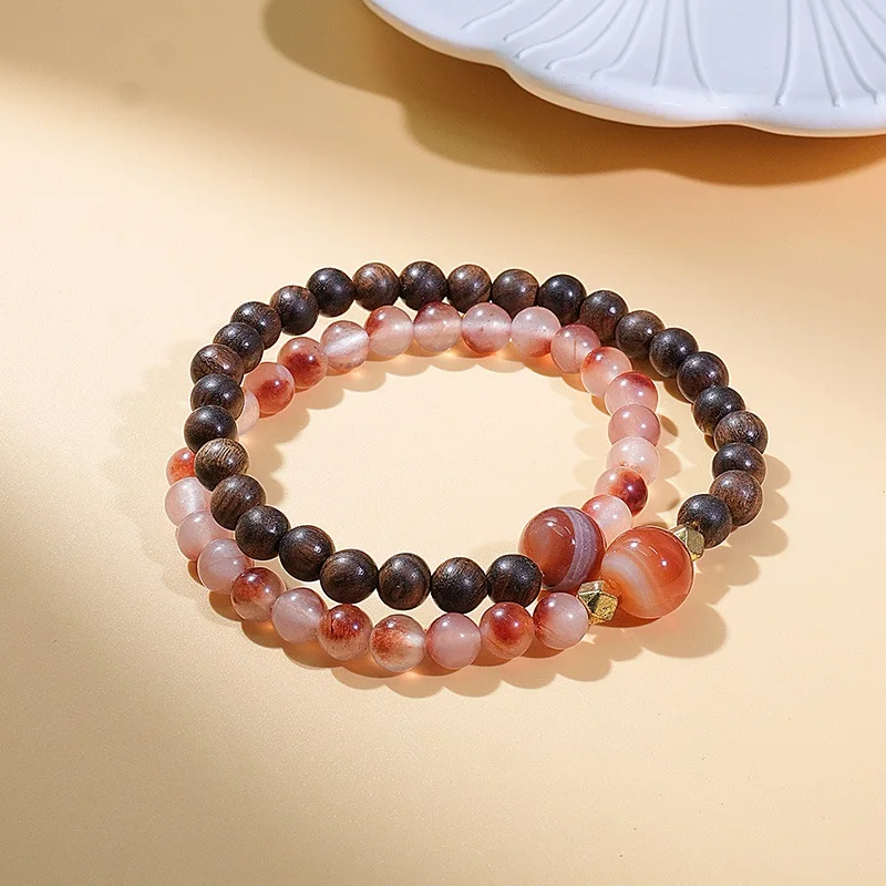 

Women's Double-loop Agate and Sandalwood Bracelet, Fashionable Jewelry Gift for Men and Women