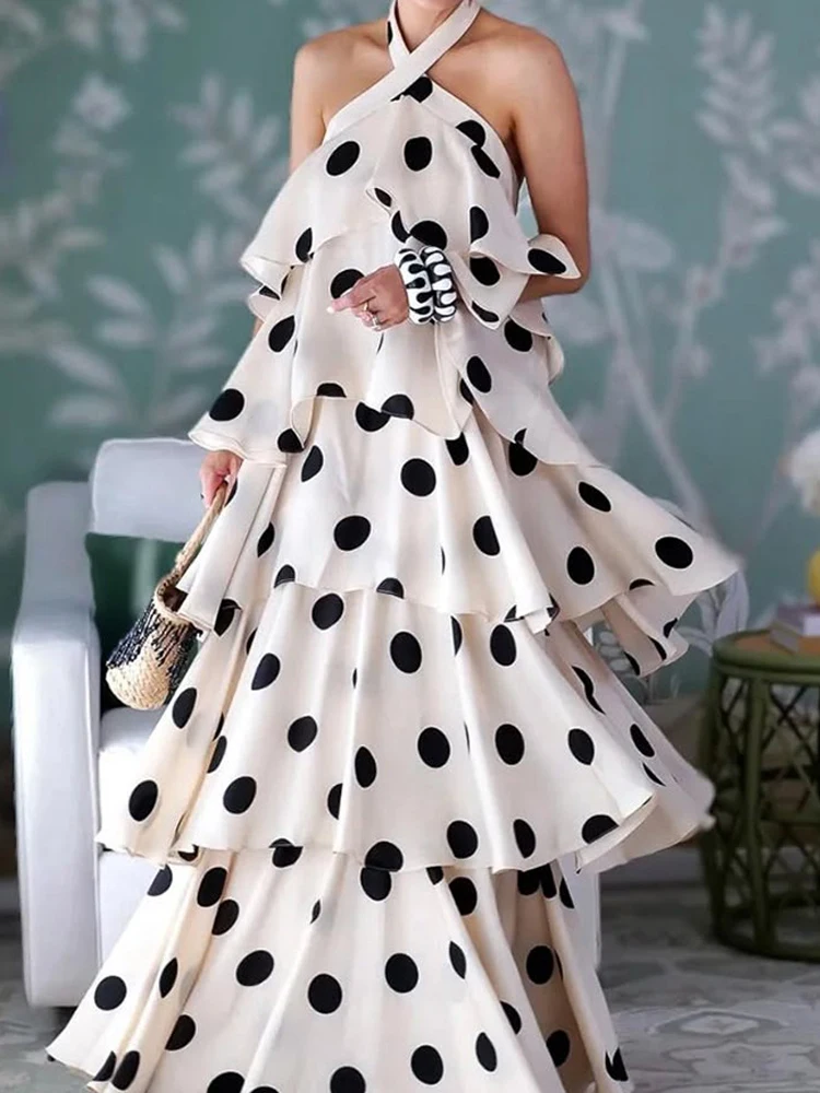 

Summer Women Fashion Hollow Party Dresses Sexy Halter Sleeveless Layered Cake Dress Elegant Backless Polka Dot Print Long Dress