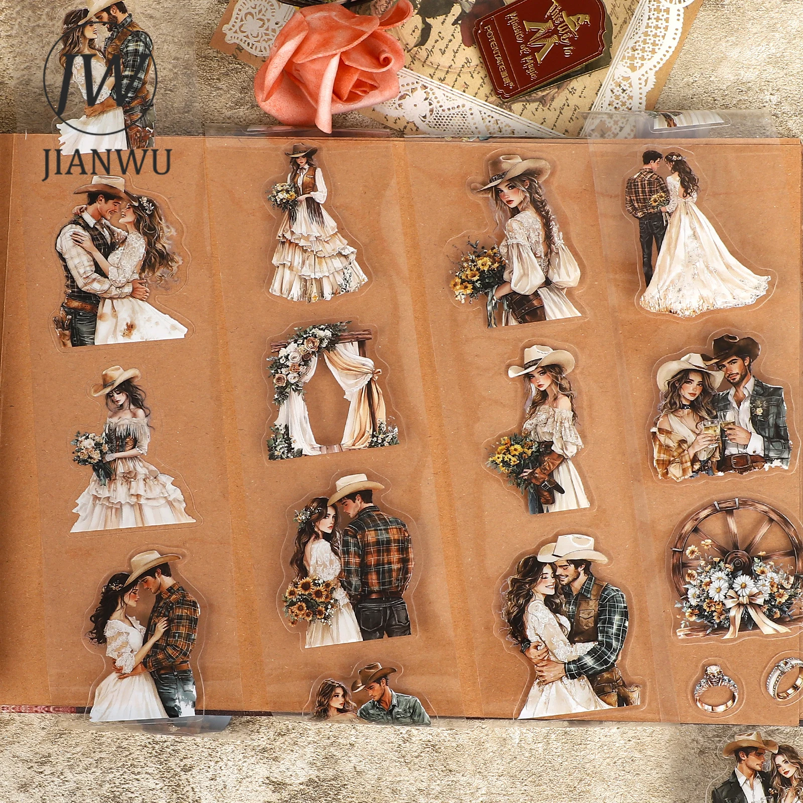 

JIANWU 60mm*200cm Vintage Cowboy Wedding Character Landscape Material Collage PET Tape Creative DIY Journal Stationery
