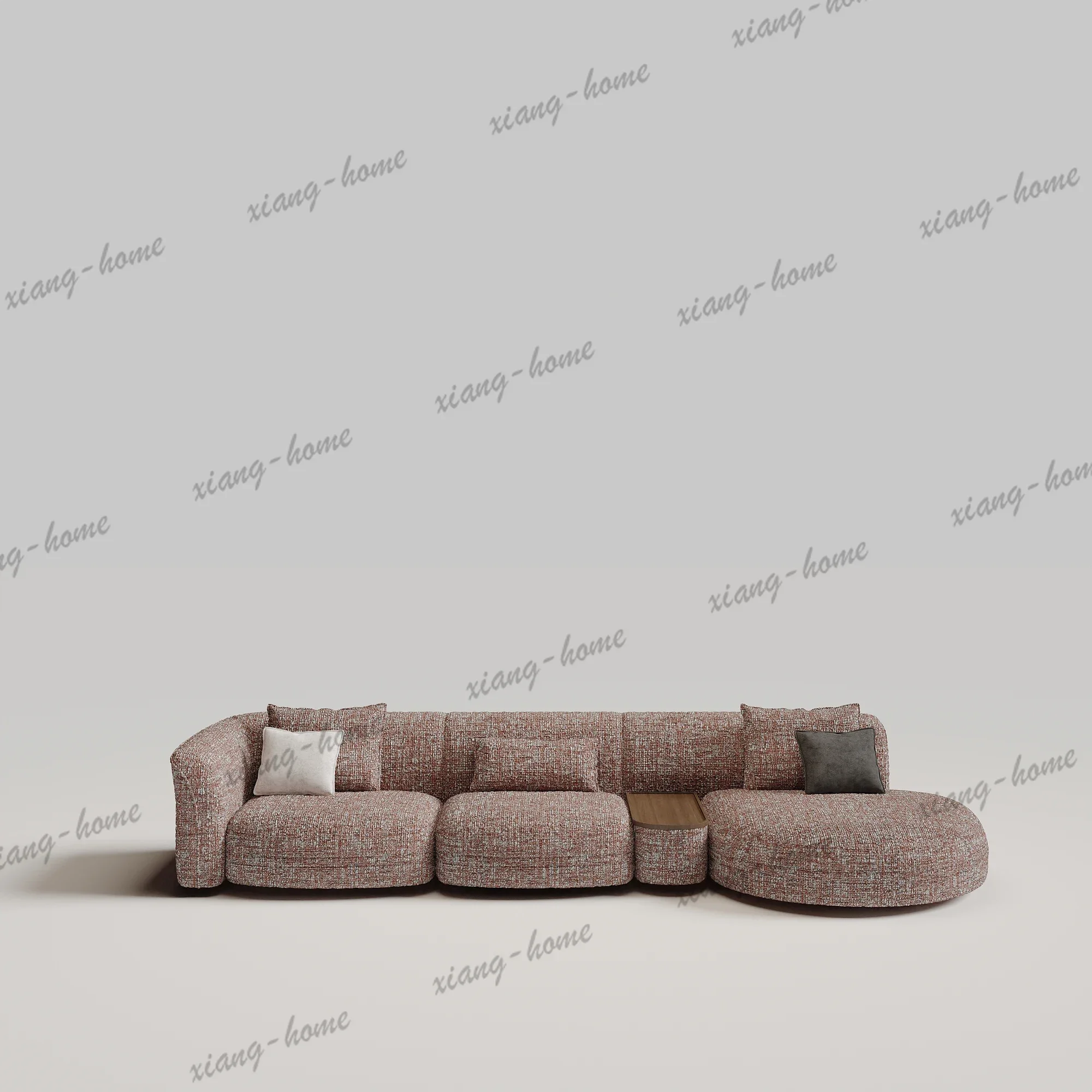 PG  Brown Slub Tweed Modular Sectional Sofa With Round Ottoman Built In Wood Side Table Floor Style For Living Room Villa