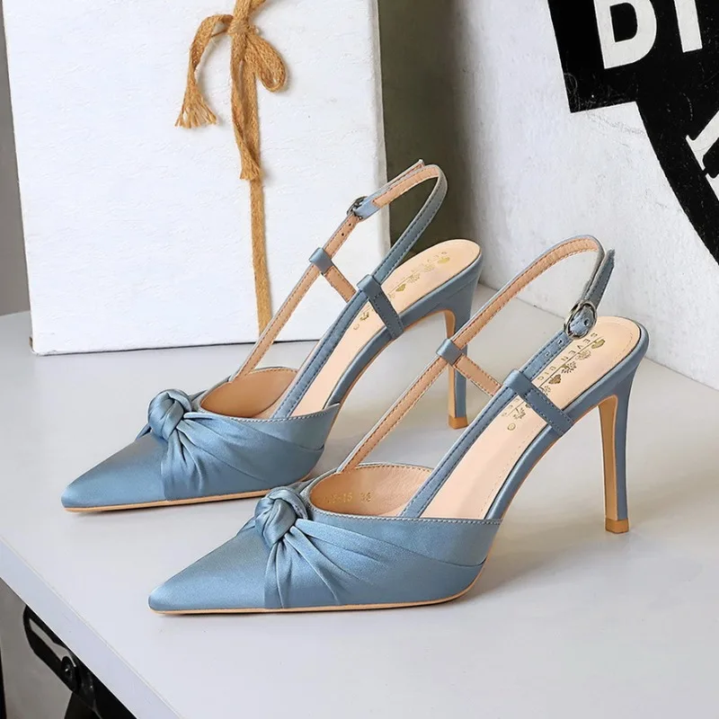 Fashion Sexy Women Pumps Party Silk 9CM Butterfly Knot Thin Heels Pointed Toe Back Strap Shallow Mouth Wedding Shoes Sky Blue