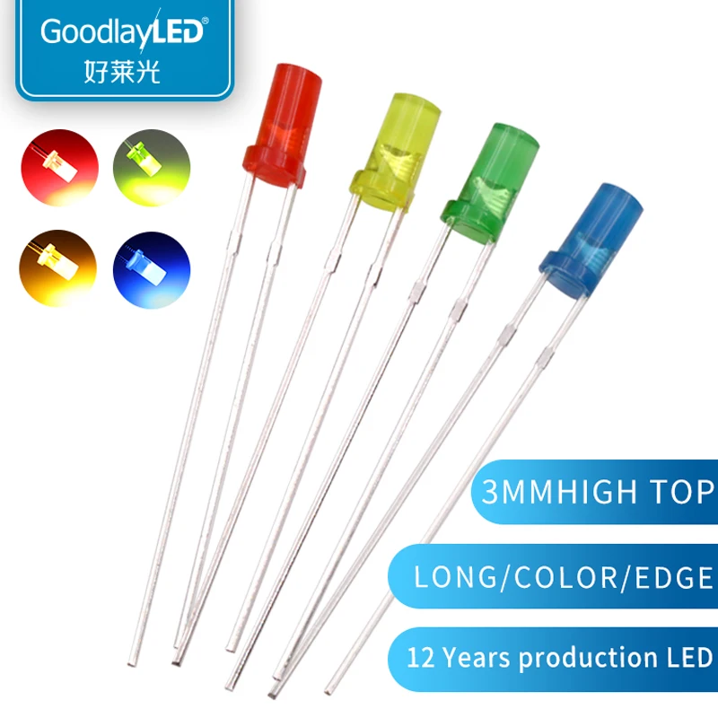 1000PCS 3mm High Flat Top Color Long feet Red Green Blue Yellow Direct Plug Light-emitting Diode DIP LED