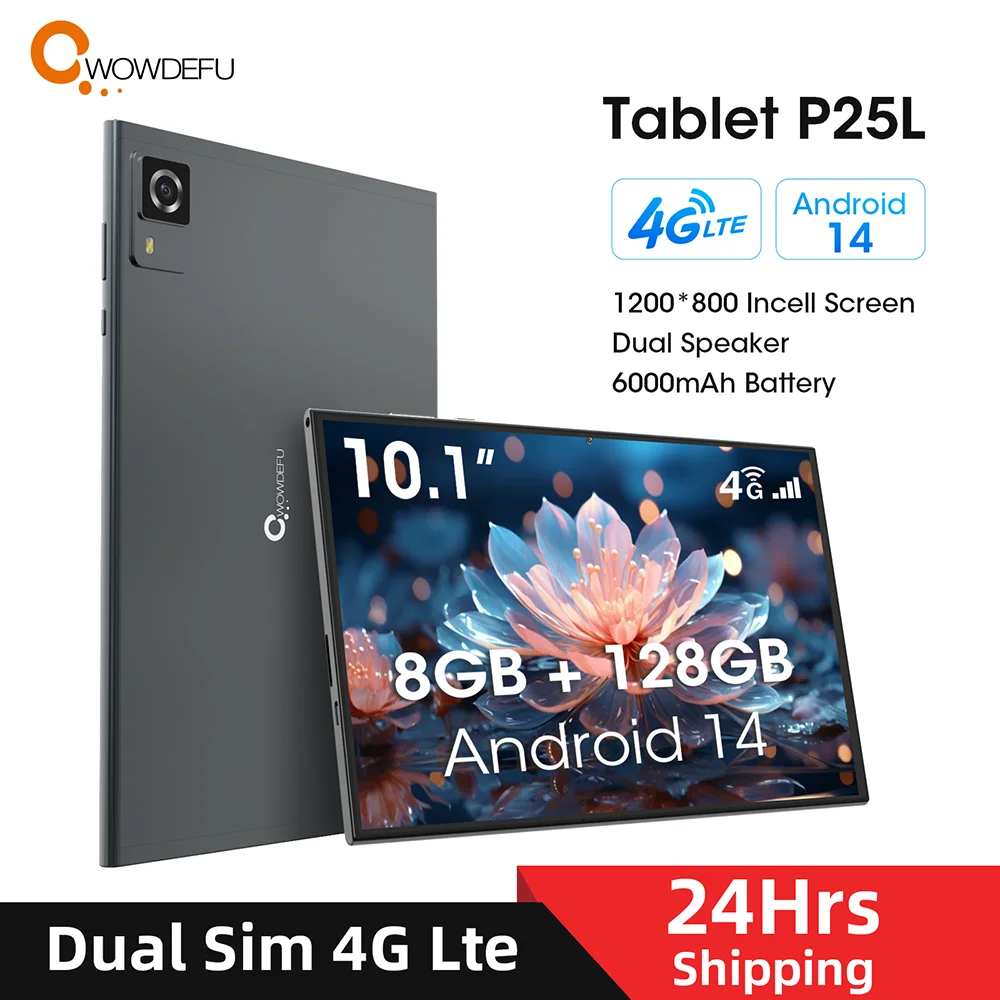 CWOWDEFU Tablet z systemem Android 14 z dwoma kartą SIM 4G odblokowany 8 GB (4 + 4) RAM 128 GB ROM Octa Core 2,3 GHz 10,1" 5+8 MP Kamera 6000 mAh WiFi-6 GPS