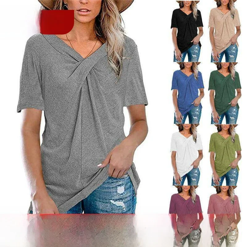 

Летняя повседневная цветная футболка V-Ne ort Sve Женская уличная футболка прямого кроя из полиэстера Long Sve Pure Color