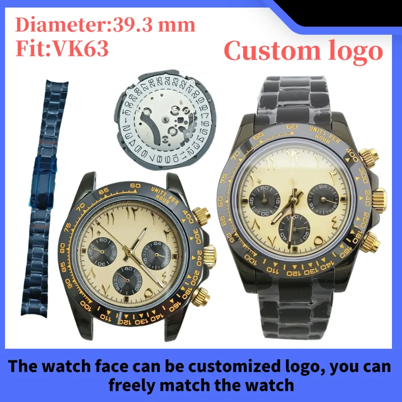 39.3mm VK63 Quartz Watch Stainless steel case for VK63 movement assembly, VK63 watch case, sky blue dial, Arabic, waterproof