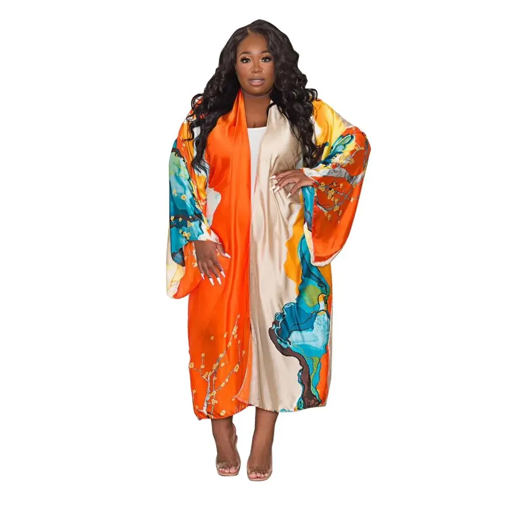 Women\'s Floral Print Satin Robe Kimono Cardigan Open Front Long Cover Ups Outerwear Kimono Robes Long