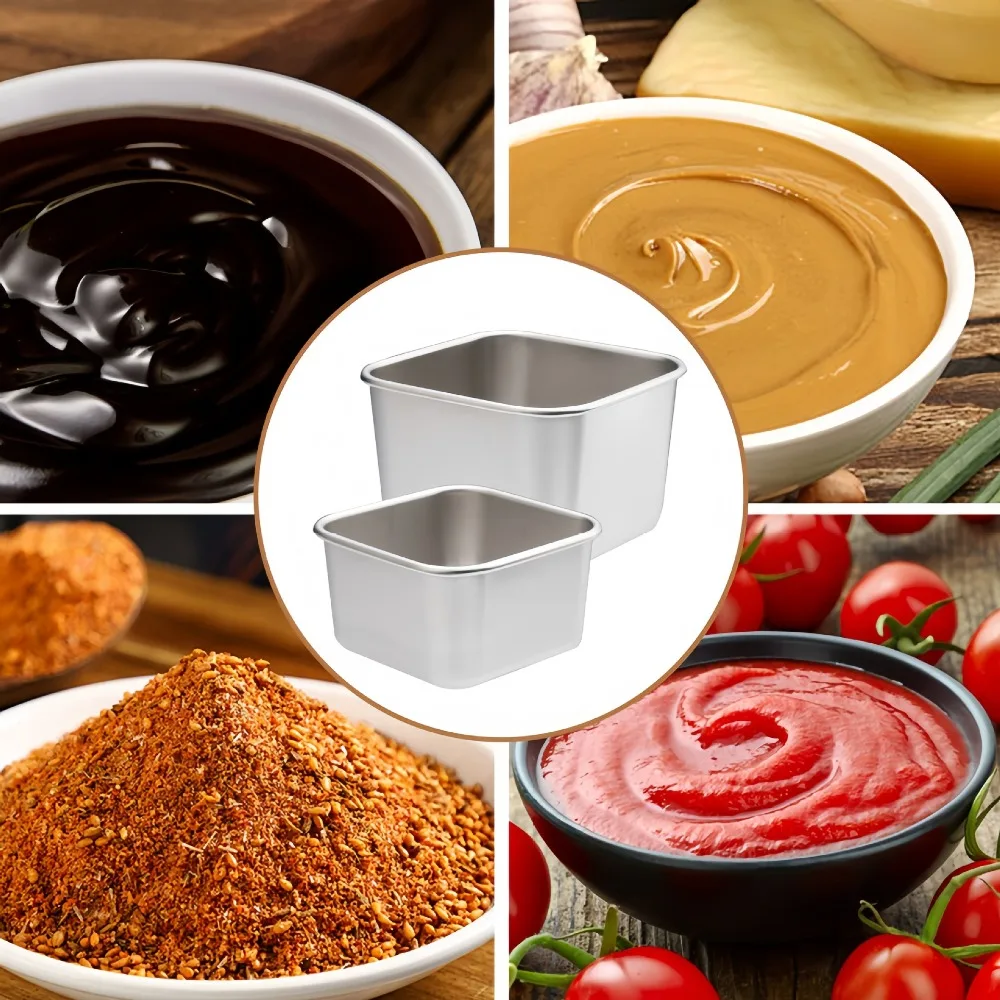 6pcs 304 Stainless Steel Salad Dressing Cup Square 60/180ml Snack Box with Silicone Lid Leak-proof Seasoning Container School