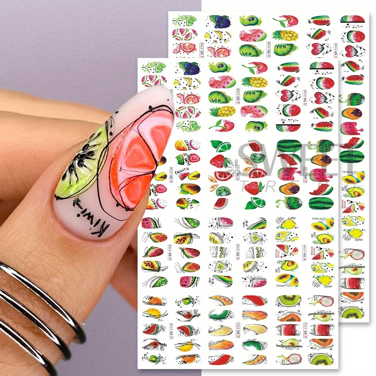 2 Sheet Abstract Line Fruit Water Nail Sliders Geometry Pawpaw Watermelon Avocado Image Decal Summer Tropical Charm Tattoo Foils