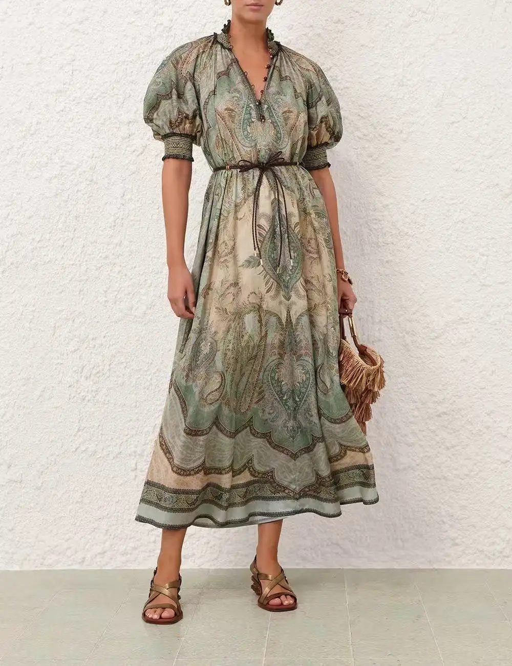 2025 New Re-tro Green Paisley Silk High Quality Short Puff Sleeve Belted Women Midi Dress
