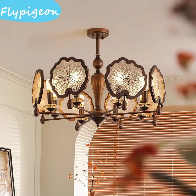 American Retro Iron Chandelier, Lotus Leaf Glass Shade Pendant Light, Antique Bronze Frame Ceiling Lamp for Bedroom Home Decor