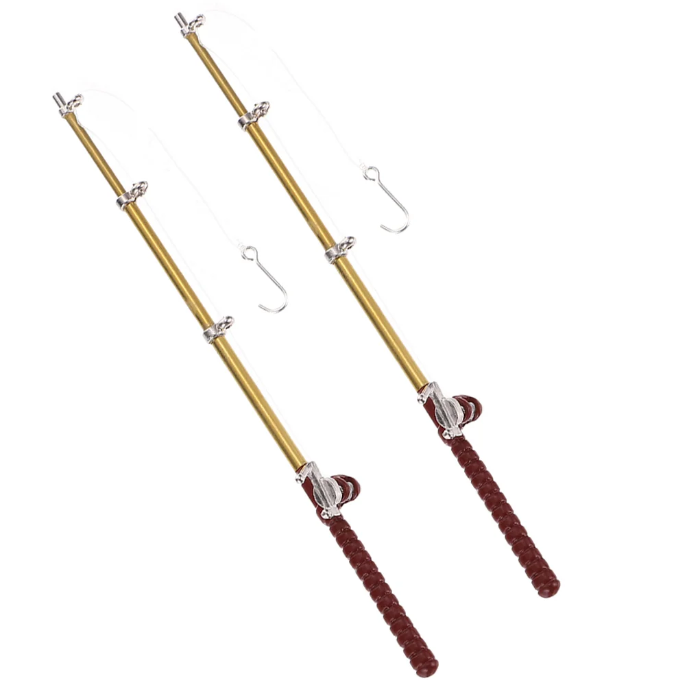 2 Pcs Artificial Fishing Rod Miniatures House Accessories Toy Tool Model Photography Props Small Pole Alloy Decor