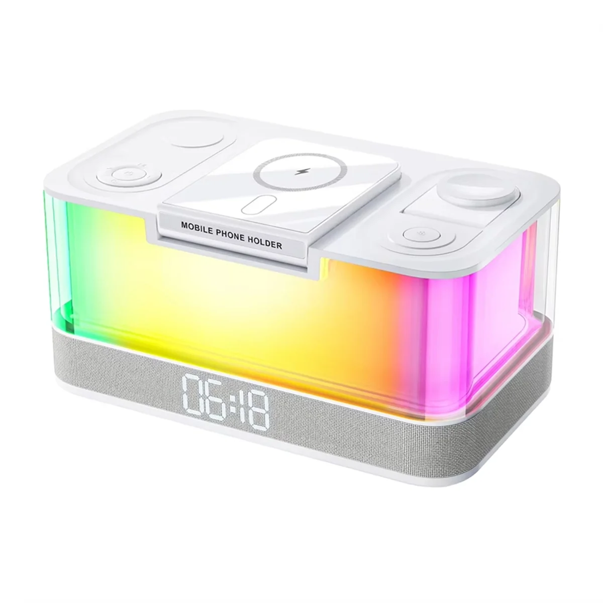 Multifunction Wireless Charger Pad Stand Speaker RGB Night Light 15W Fast Charging Station with Clock