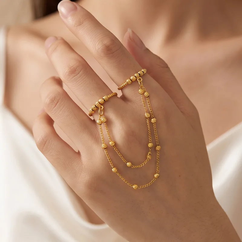 Vintage Gold Beads Tassel Hand Chain Connected Finger Ring Bohemian Women Hand Accessories