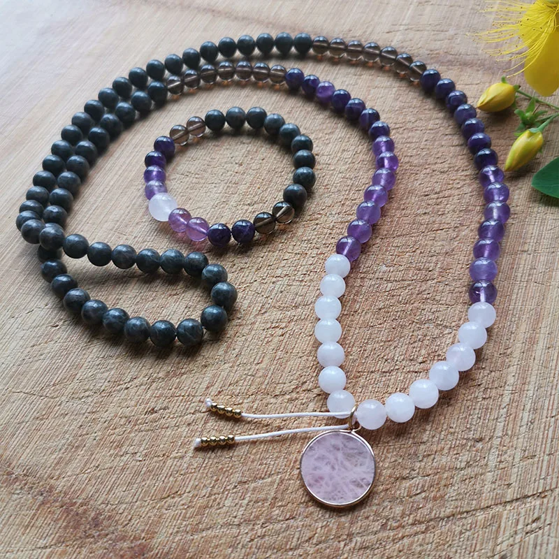 Jewelry,Necklace,8mm Beaded Necklace,Mala,Meditation Necklace,108 Mala Beads,Spiritual Awareness Mala Amethyst,Smokey Quartz