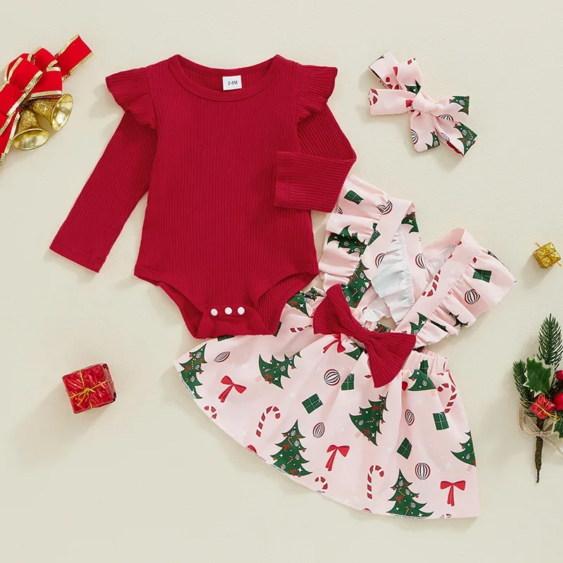 Christmas Newborn Baby Girls Clothing Sets Red Ribbed Long Sleeve Rompers+Xmas Tree/Santa Claus Print Suspender Skirts Headband