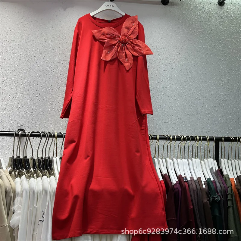 [ZOCI] Three Dimensional Large Flower Design, Round Neck Fashionable Long Over Knee Loose Slimming, Style,