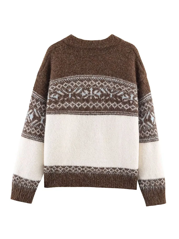 Damski zimowy sweter z dzianiny żakardowej z podwójnym zamkiem błyskawicznym, okrągłym dekoltem, modny, uniwersalny, z długim rękawem.