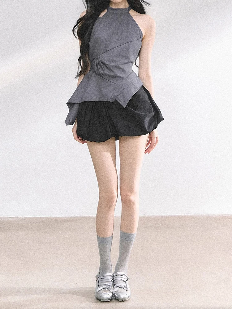 American Sle Hot Girl Ne Hanging Svel Top المرأة صيف 2025 جديد عالي الخصر سليم زهرة برعم f تنورة قطعتين مجموعة