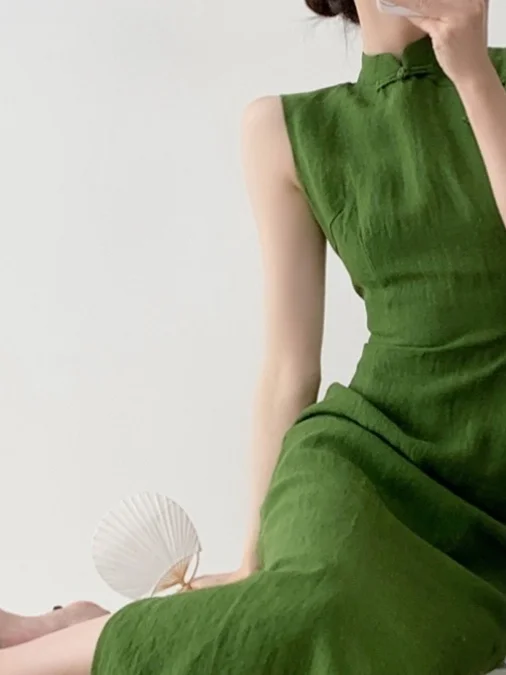 

Elegant Green Cotton Linen Dress Women's Summer New Style Retro Fit Long Dress Zipper Side Openning No Sleeve Stand Collar