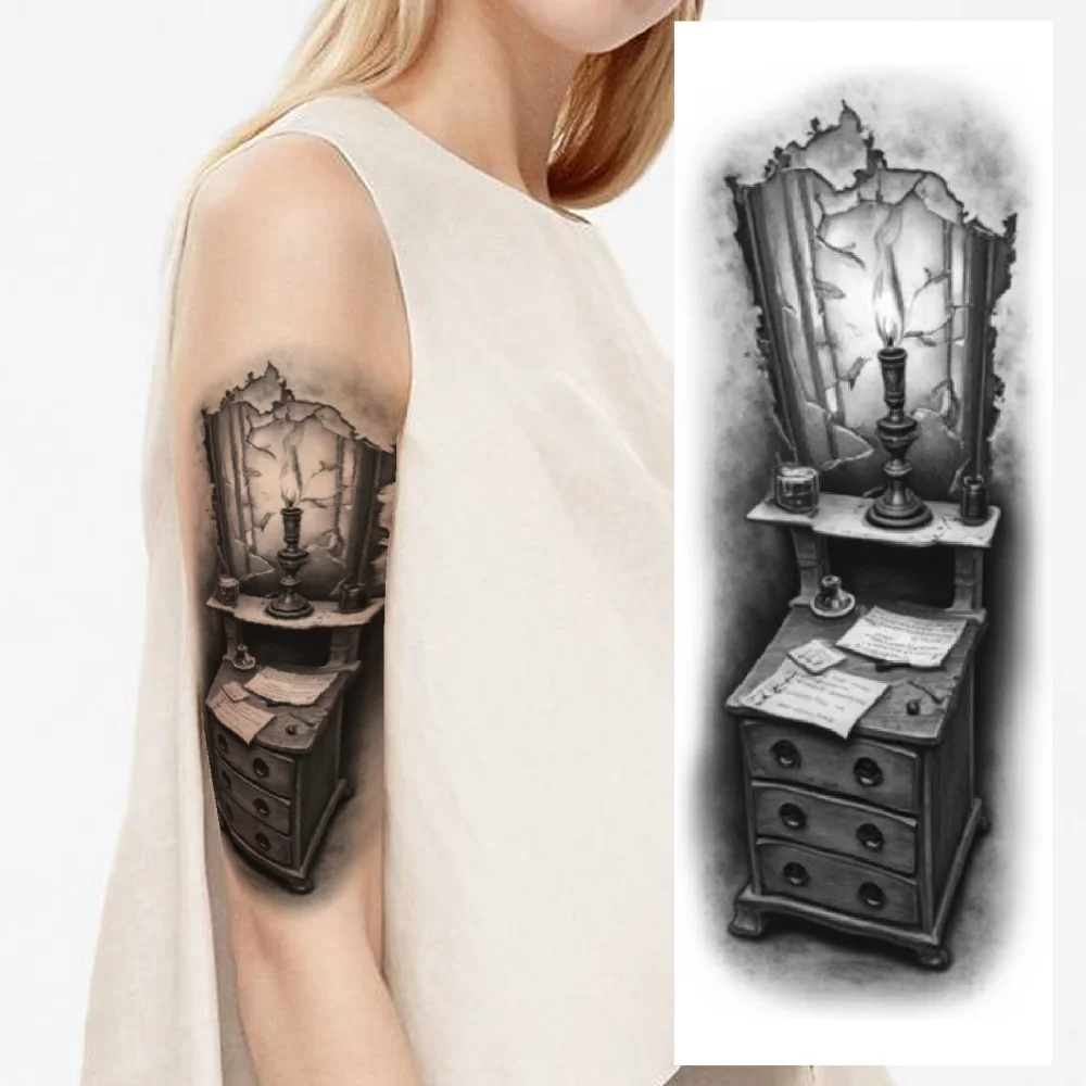 

3pcs Temporary Tattoo Shattered Frame Realistic Temporary Tattoos Artist Skull Candles And Mirror For Thighs Women Arms