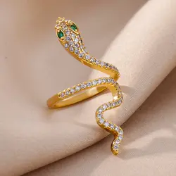 Zircon Snake Rings For Women Men Stainless Steel Gold Color Open Adjustable Ring Vintage Gothic Aesthetic Jewelry anillos mujer