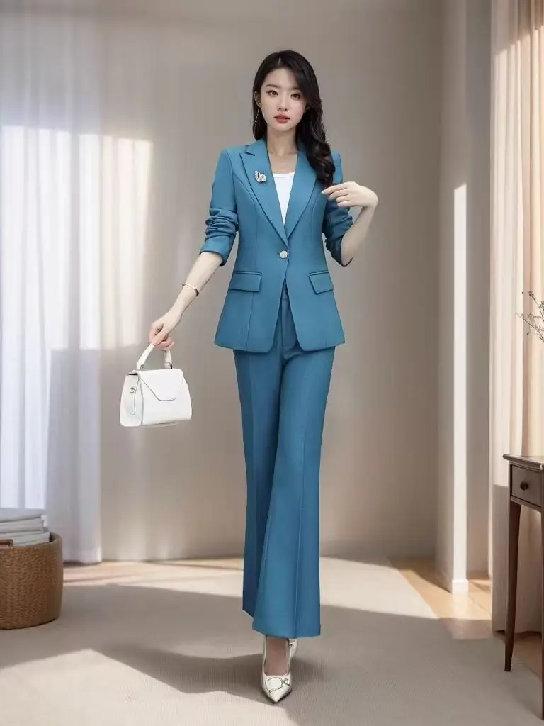 

Костюм Slim Fit и брюки с микро-клешем: комплект из двух предметов для женщин, весенняя мода, китайский стиль, полиэстер, длинный рукав, длинные брюки