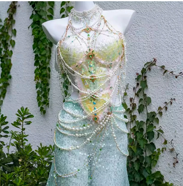 Blue Powder Heavy Industry Princess Scale Corset Women Mermaid Swimsuit Bra Underwater Dress Girl Night Club Bar Performance Set