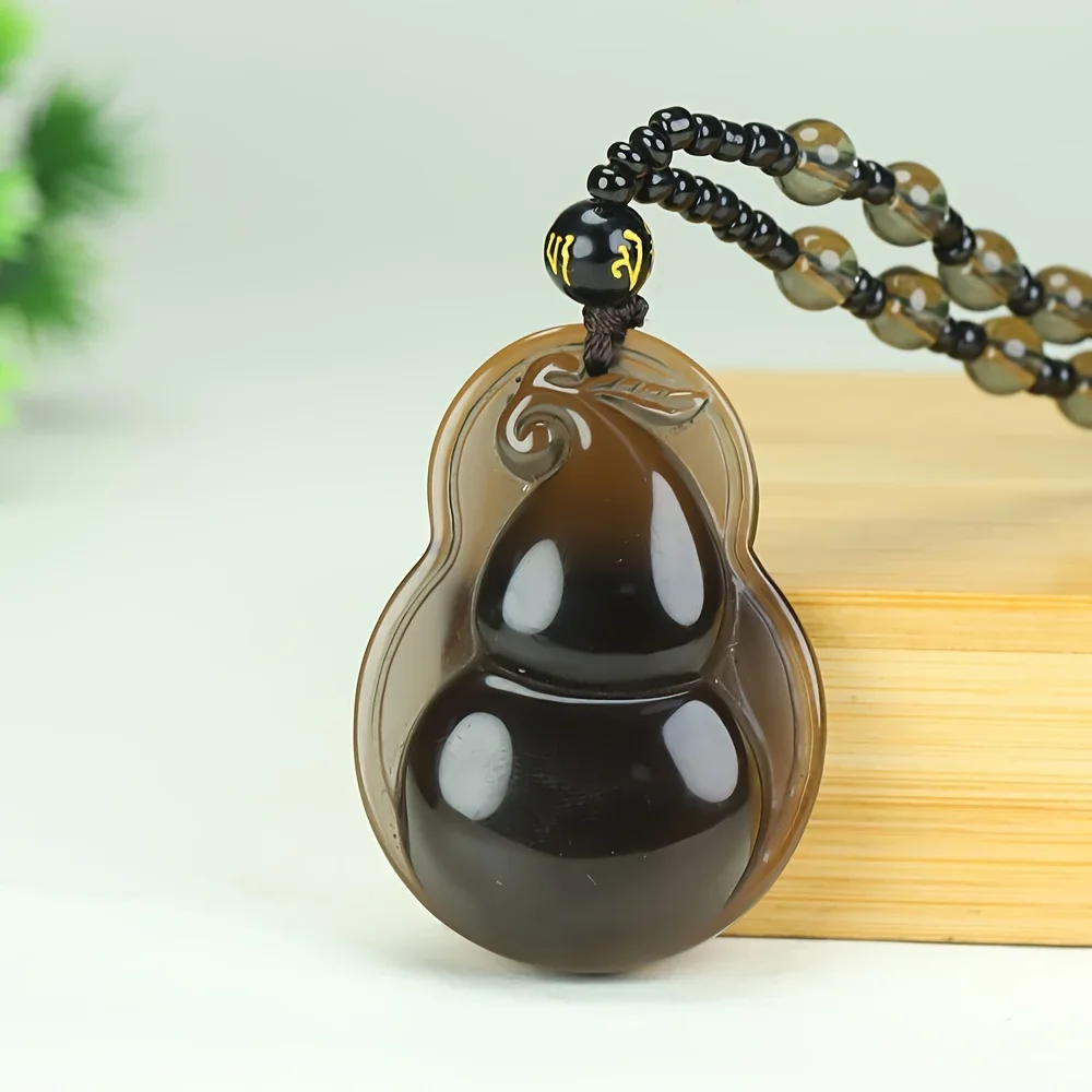 Obsidian gourd pendant, casual style, unplated fine polished fashion necklace.