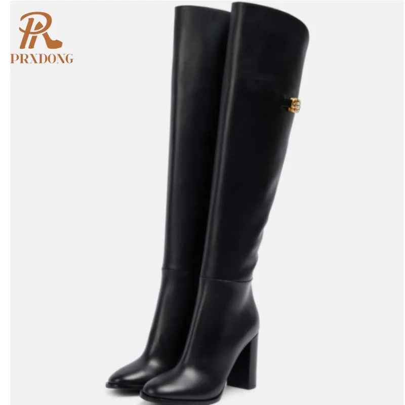 PRXDONG 2024 New Brand Classis Autumn WInter Shoes Chunky High Heels Black Dress Party Casual Lady Knee High Boots Size 34-43