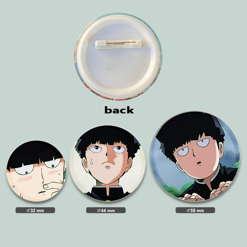 32/44/58MM Anime Cartoon Figures Kageyama Shigeo Brooch Badge Snap-in Button Pins on Backpack Jewelry Accessories Gifts