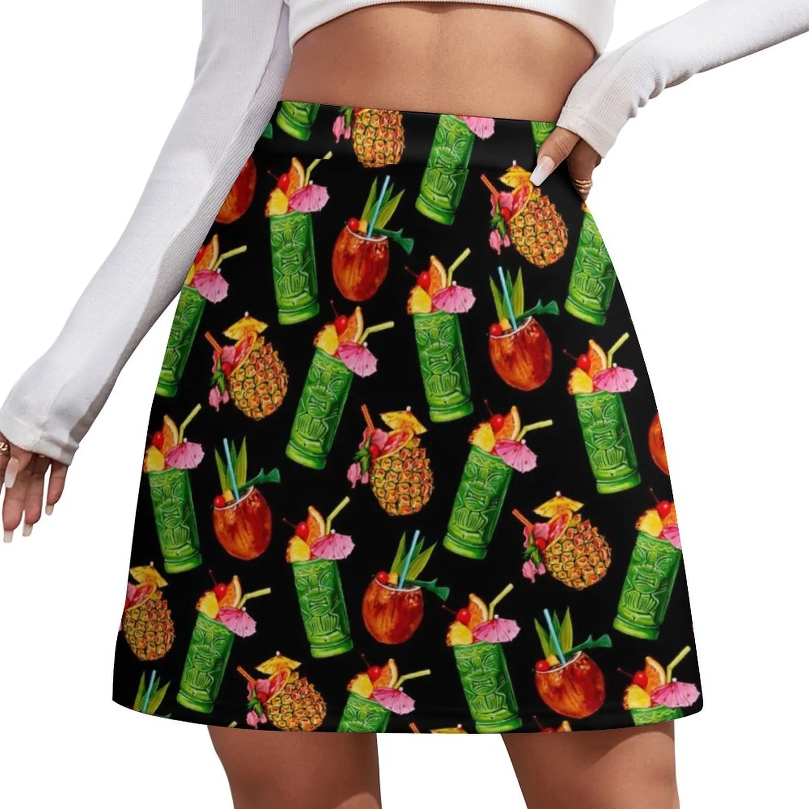 Tiki Cocktail Pattern - Black Mini Skirt skorts for women skirt for woman korean skirt festival outfit women
