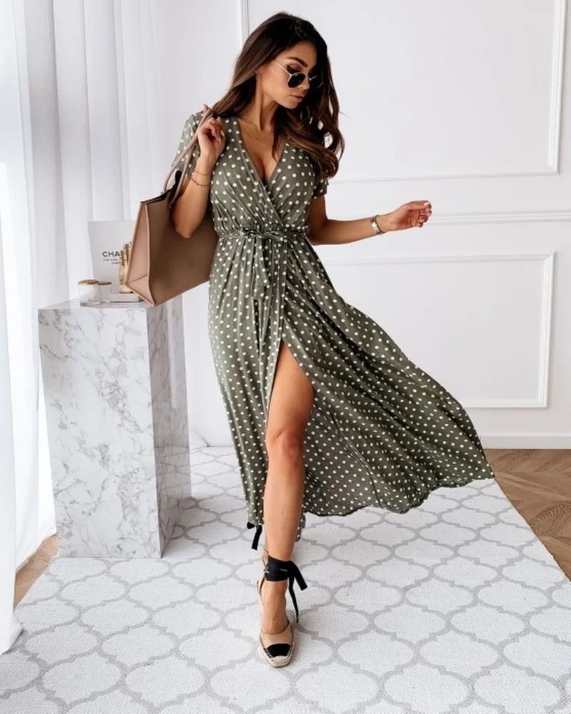 Womens Summer Fashion Maxi Dress Short Sleeve V-Neck Ladies Polka Dot Dress Split For Female Boho Beach Holiday Dress