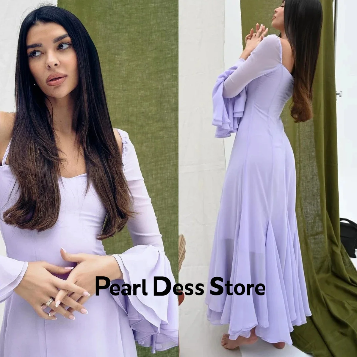 Saudi Arabia Chiffon Prom Dress Dubai Fashion Flare Sleeves A-line Minimalist Style Evening Dress Formal Occasion Party Dress