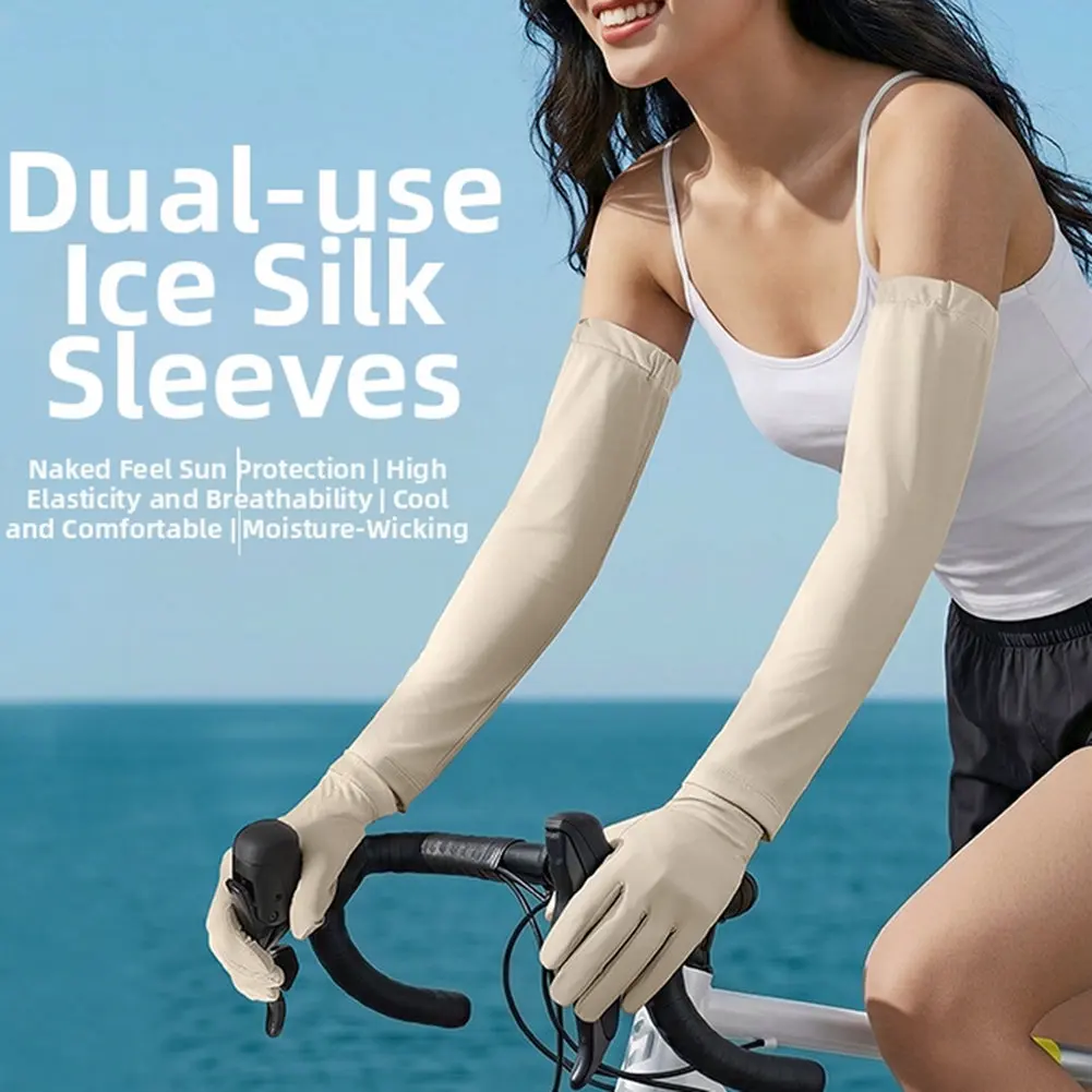 Pink Ice Silk Cycling Gloves With Integrated Sun Protection Sleeves For Bike Riding Hiking Driving Outdoor Sports Accessories