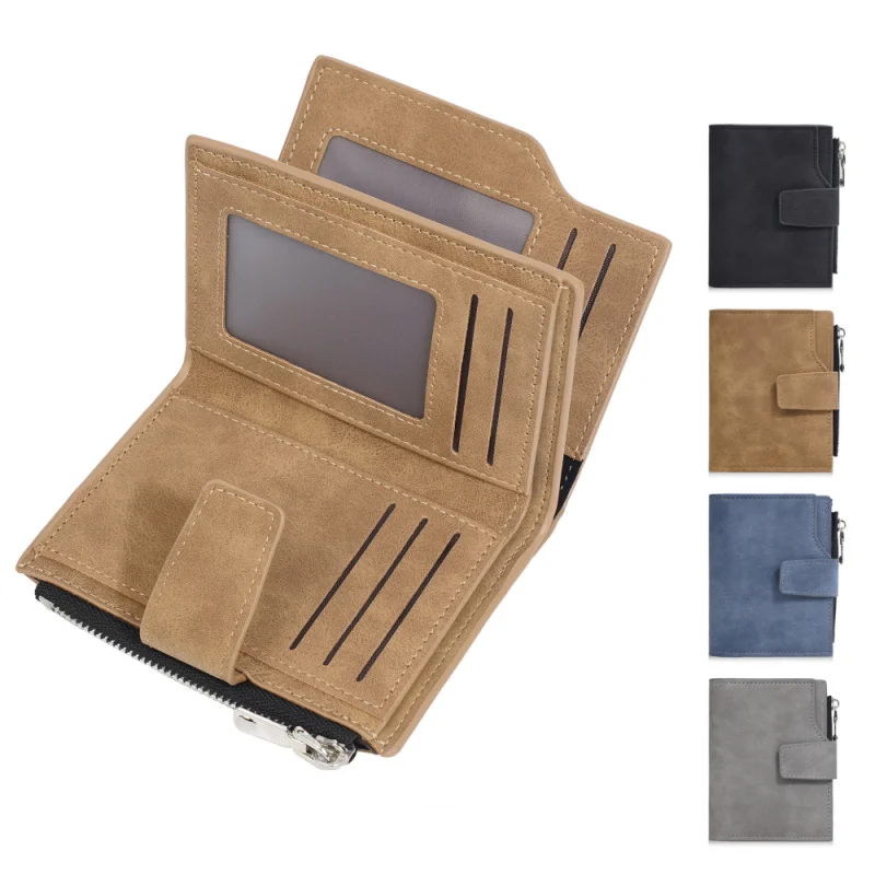 New Men'S Tirfold Short Wallet, Fashionable Multi-Slot Money Clip, Simple Vertical Zipper Multi-Functional Card Holder