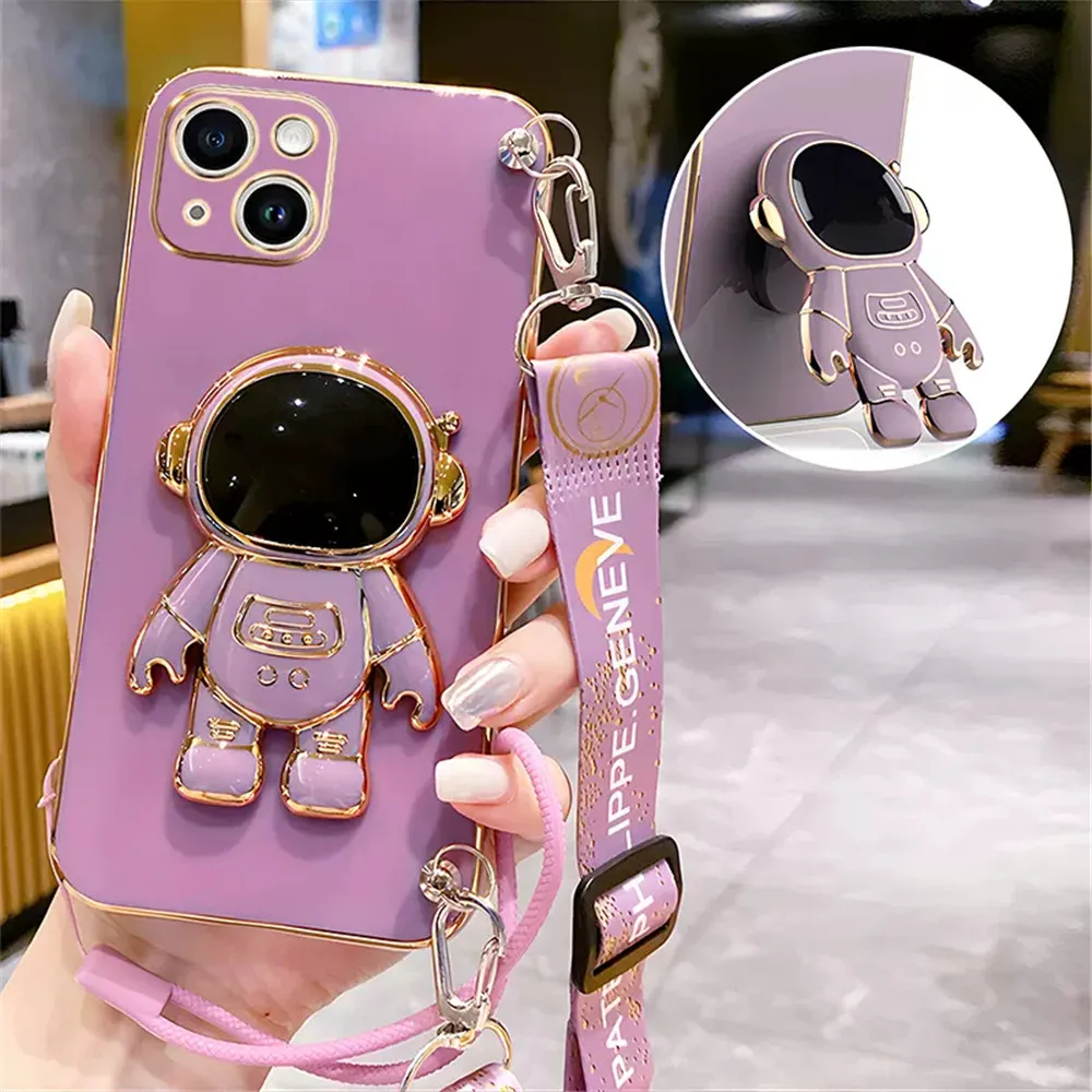 Astronaut Crossbody Lanyard Phone Holder Case For Iphone 14 13 12 Mini 11 Pro Max XS Max XR X 8 7 Plus SE 2020 Stand Soft Cover