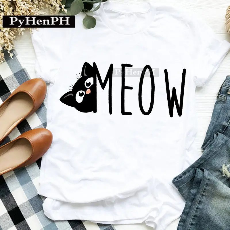 Fun Black Cat Pattern Pure Cotton Printed Children's T-shirt New Fashionable Parent-child Outfit Round Neck Personalized T-shirt