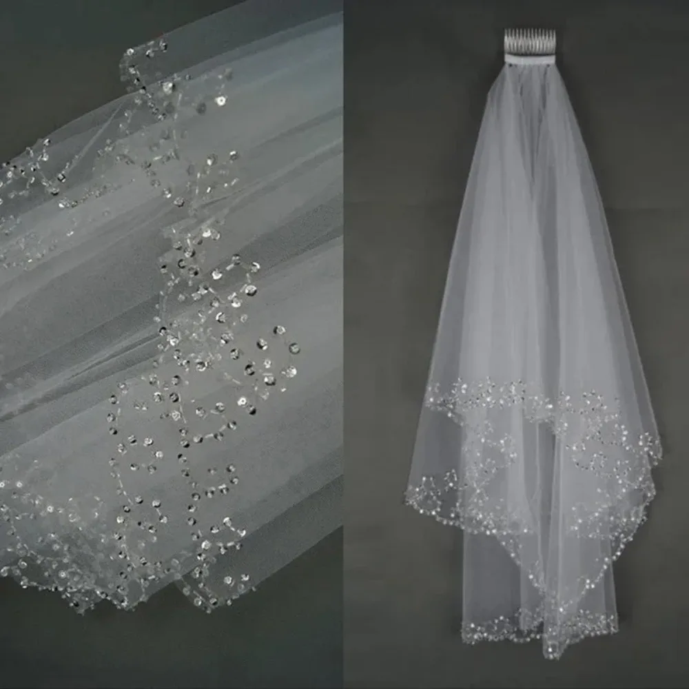 Crystal Beaded Wedding Veils Tulle Two Layer Bridal Veil Elegant Bridal Veil Wedding Accessories Bridal Party Veils With Comb