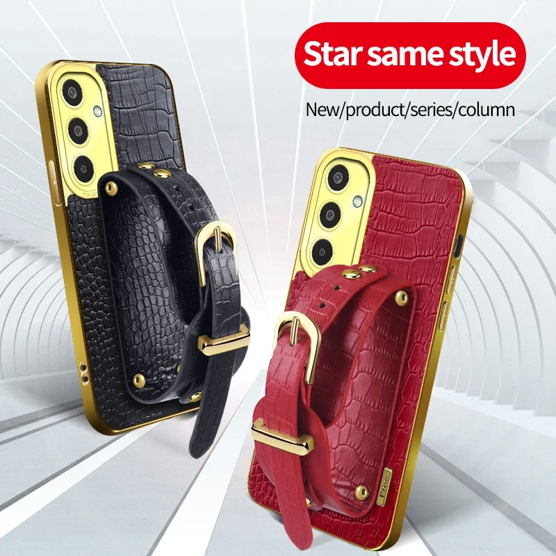 Crocodile Pattern Leather Phone Case For Samsung Galaxy M32 M23 M33 M34 M35 5G Silicone Soft Cover Cases With Stand Wrist Strap