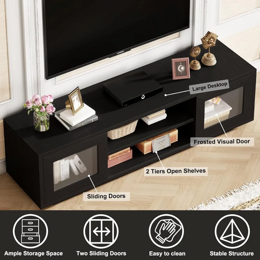 Suporte de TV preto de 55 polegadas, centro de entretenimento para quarto e armário sob TVs com armazenamento, console de TV moderno