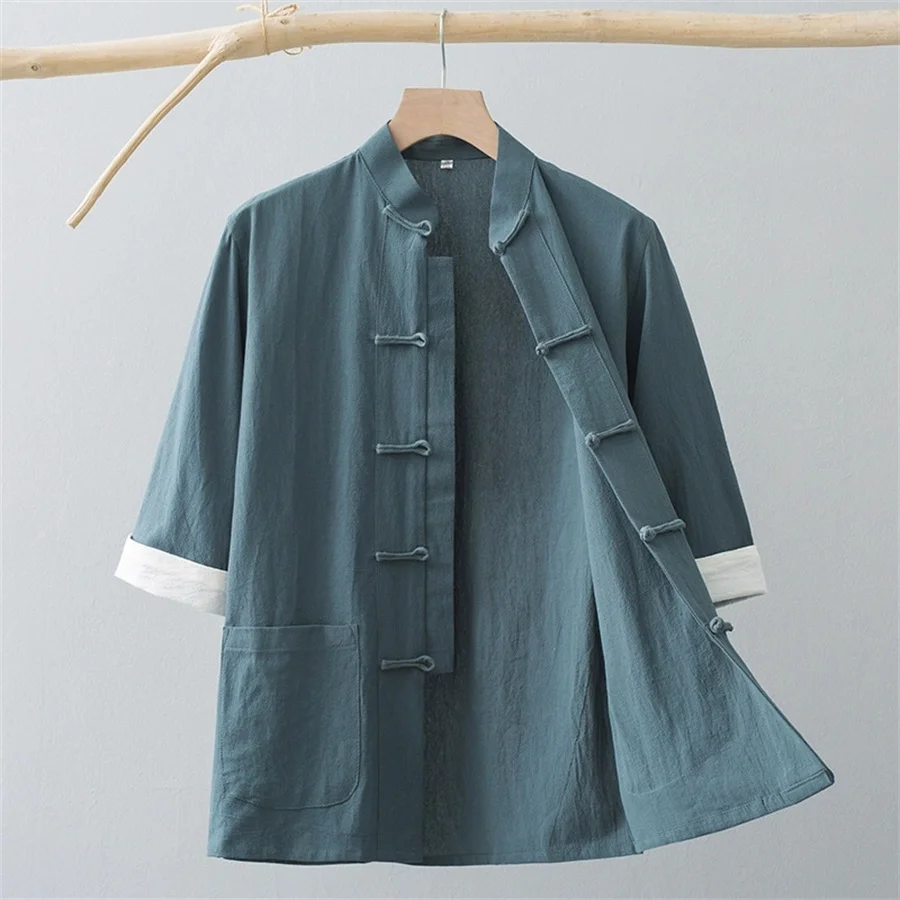 

Мужская традиционная одежда в китайском стиле, хлопково-льняная рубашка в стиле ретро, воротник-стойка с короткими рукавами, костюм Тан, топы, мужская рубашка Hanfu Kung Fu