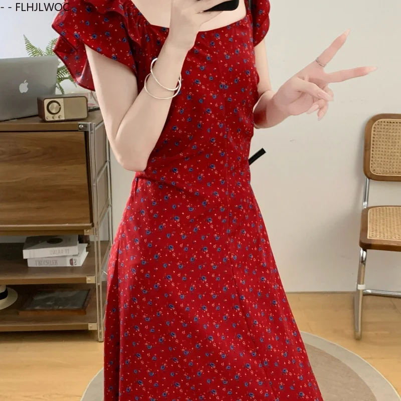 Shirring Slim Waist A Line Long Dresses New Fashion Women Short Sleeve Holiday Date Japan Girls Floral Print Retro Vintage Dress