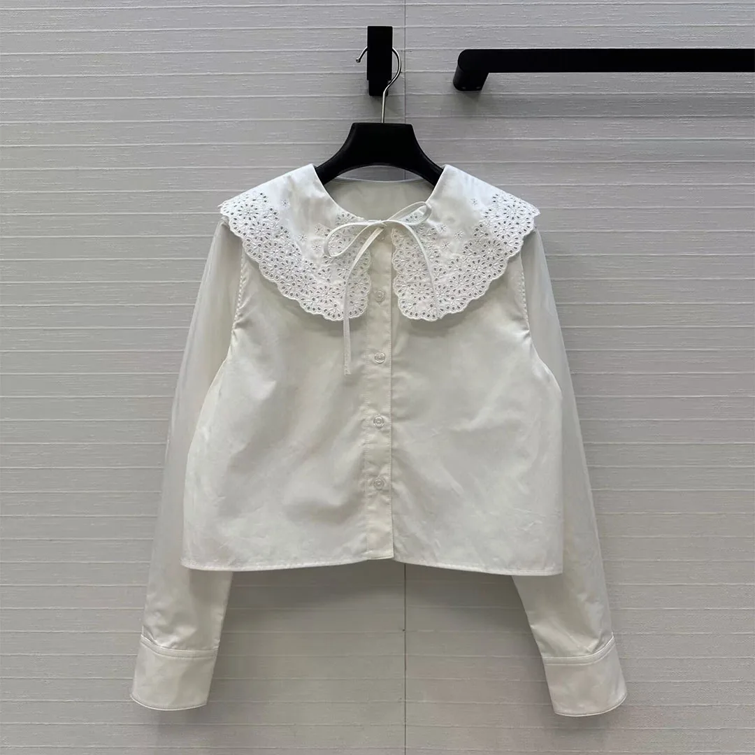 

Новая осенняя повседневная свободная милая короткая дизайнерская рубашка женская с вышивкой Питер Пэн воротник с длинным рукавом белая хлопковая блузка