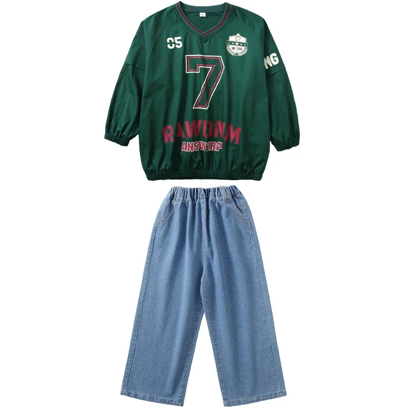 Kind Kpop Hip Hop Kleidung Rot Grün Jersey Sweatshirt Top Denim Blau Straße Baggy Jeans Hosen für Mädchen Junge Tanz Kostüm Kleidung