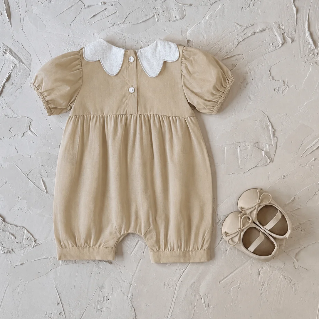 3-24M Summer Baby Girls Cotton Peter Pan Leading Embroidered Rompers Puff Sleeve Flower Embroidery Jumpsuits