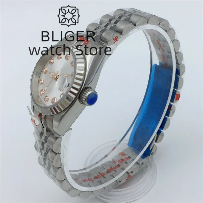 BLIGER 26mm Silver Mechanical Women\'s Watch NH05 Movement White dial Diamond Index Sapphire glass Silver Jubilee Bracelet